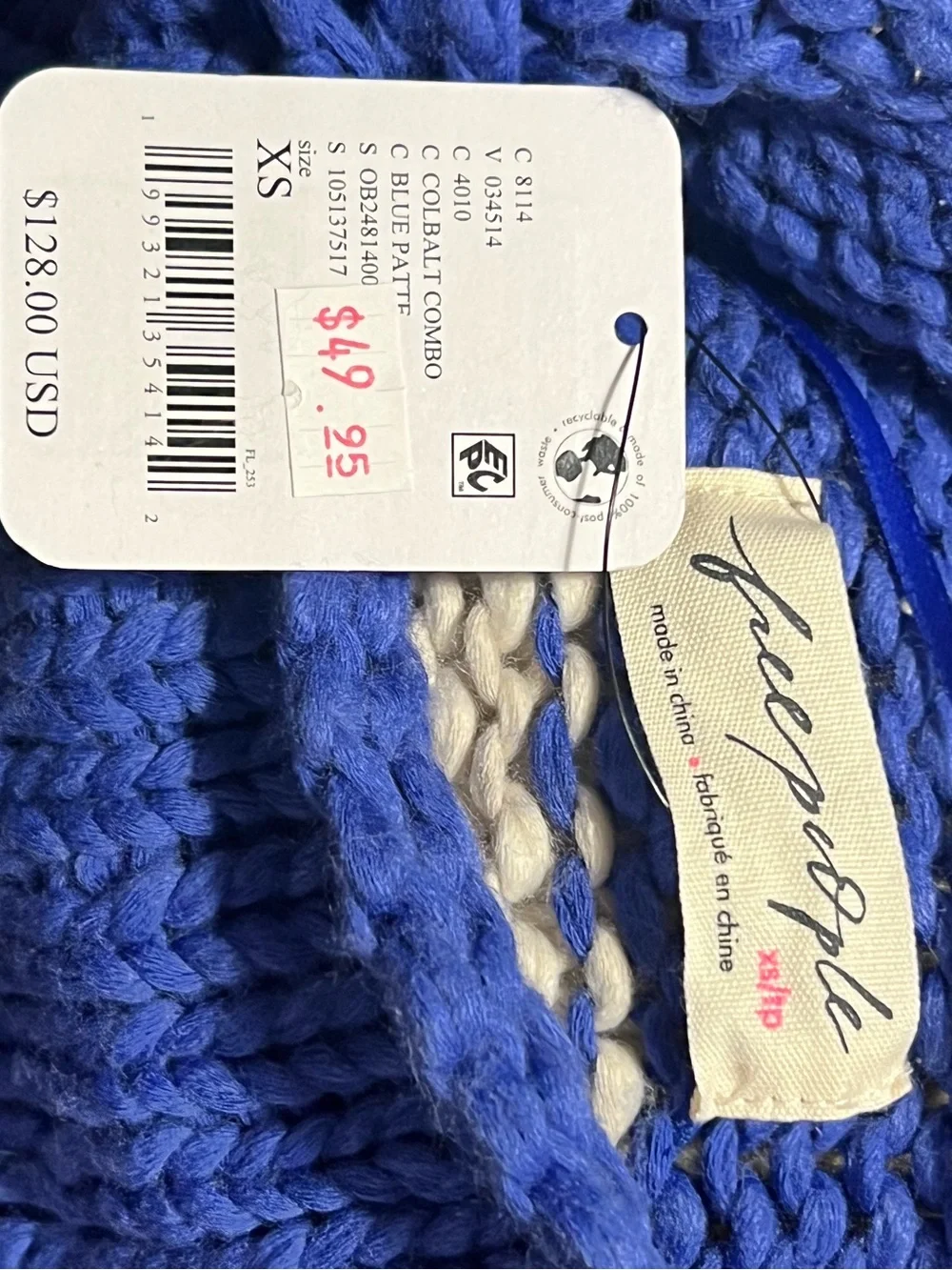 Free People Chunky Blue and Cream Striped Crew Sweater